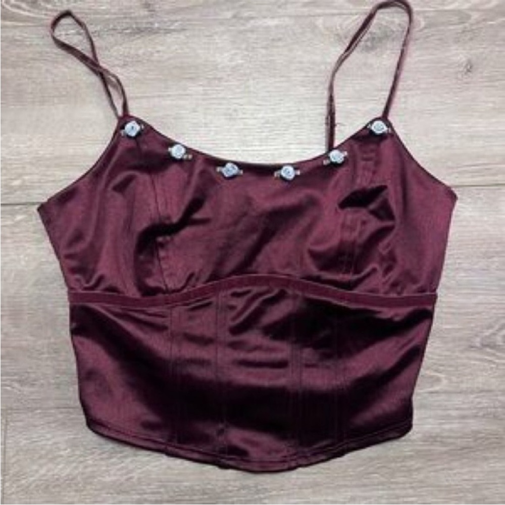 Women’s Satin Burgundy Cropped Cami Top with Embellished Neckline